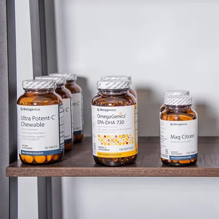 A shelf with metagenics supplements